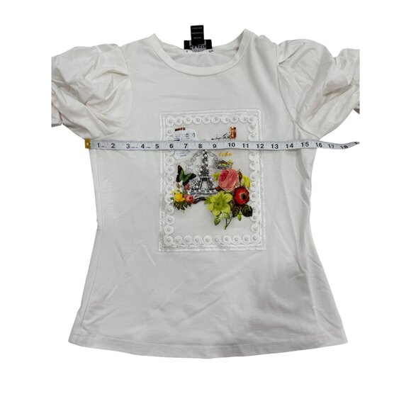 Gracia Womens Top Puff Sleeve White Paris Eiffel Tower Floral Embroidered Size S - Picture 6 of 8